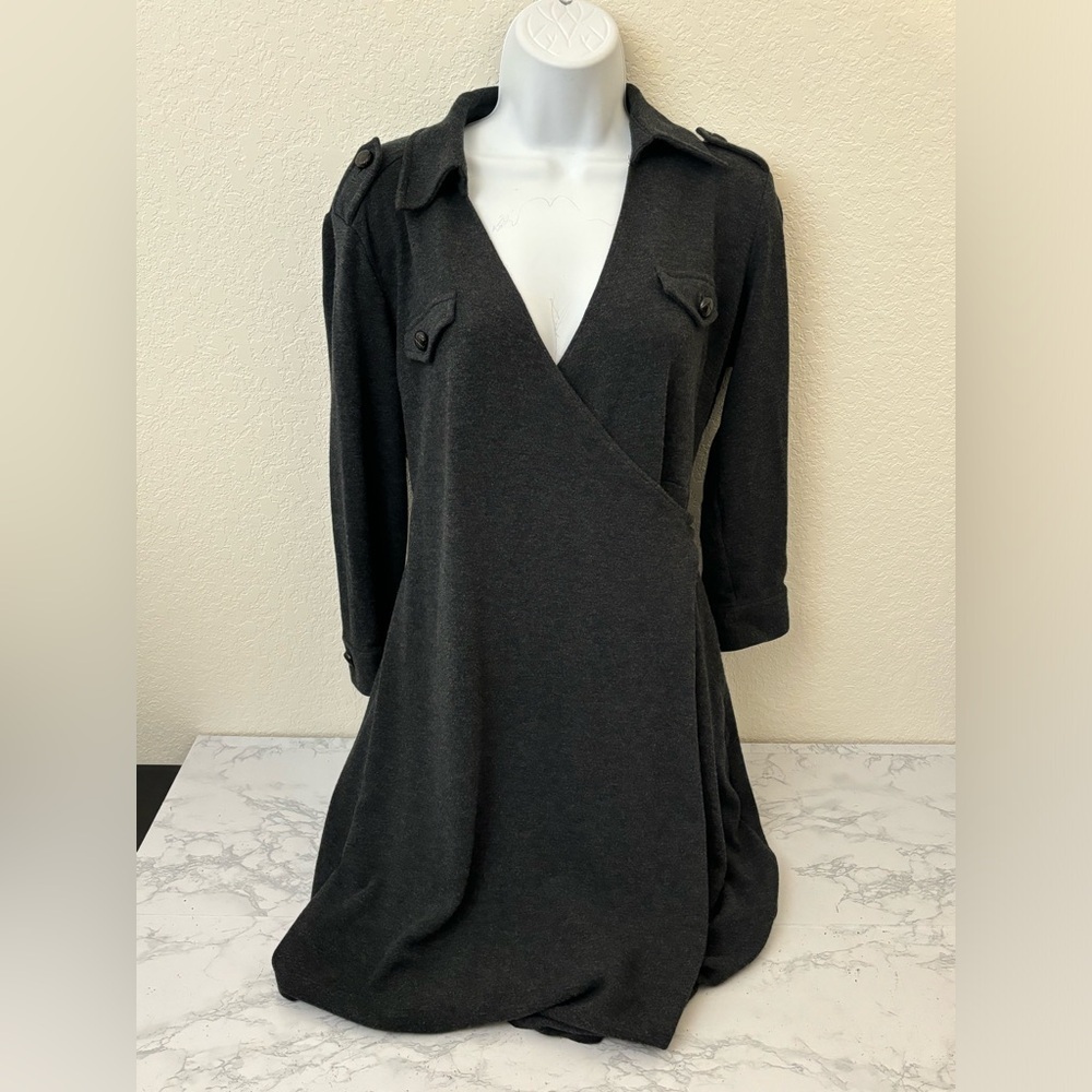 ANN TAYLOR Tunic Sweater Navy Sz 8 Belted Knit V-Neck Pockets Stretch Gray​​​